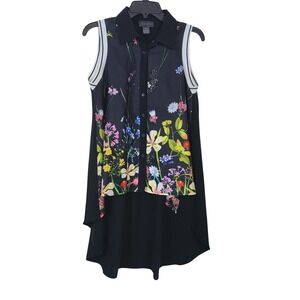 Gracia Womens Black Floral Hi-Low Collared Sleeveless‎ Button Down Blouse Medium